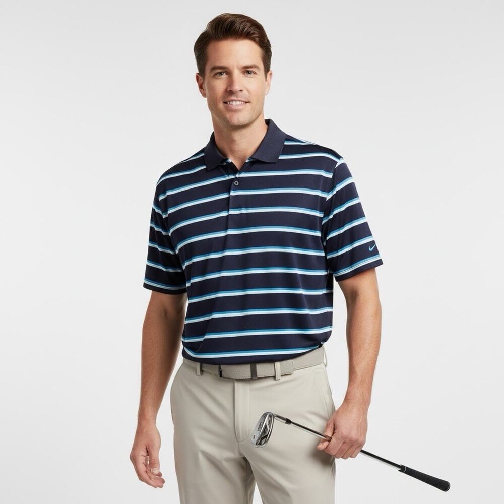 Nike Golf Tour Performance Dri-Fit Moisture Wicking Striped Polo Navy White LRGE